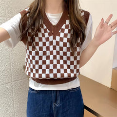 V-Neck Plaid Chess Knitted Vest Sweater
