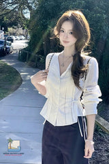 Lace Tie Patchwork Elegant White Blouse Shirt