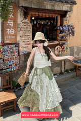 High Waist Lace Patchwork Green Tie Dye Irregular Long Skirts