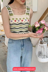 Square Collar Knitted Embroidery Crochet Tank Top