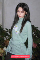 Long Sleeve High Neck Floral Knitted Ripped Sweater