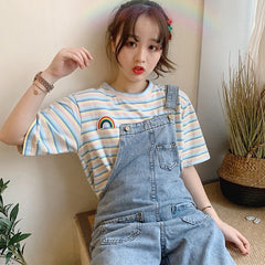 Rainbow Embroidered Striped Short Sleeve Shirt