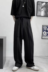High Waist Loose Belted Straight Long Pants