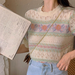 Short Sleeve Floral Pattern Knitted Shirt