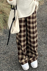 Loose Coffee Plaid Casual Long Pants