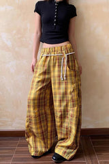 High Waist Yellow Plaid Wide Leg Pants �Vintage Cozy Everyday Style