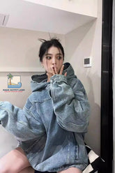Loose Oversized Denim Hooded Sweatshirt