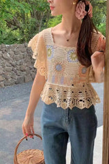 Square Neck Knitted Embroidered Lace Crochet Shirts