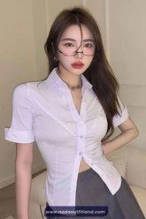 Short Sleeve Turn Down Collar Cropped Slim Blouse Shirt