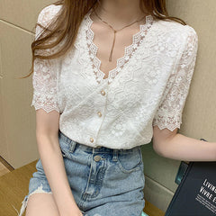 V-Neck Lace Hollow Out Retro Shirt
