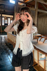 Puff Sleeve Cute Sweet Lace Cropped Shirt
