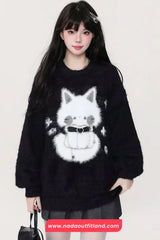 Cute Cat O-Neck Soft Velvet Sweater