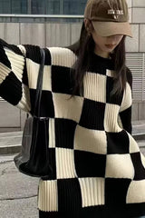 Long Sleeve Plaid Checkered Knitted Sweater
