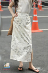 High Waist Floral Embroidered Slimming Side Slit Midi Skirts