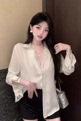 Long Sleeve Lace Patchwork Button Office Blouse Shirt