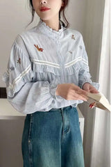 Long Sleeve High Neck Striped Blouse Shirt