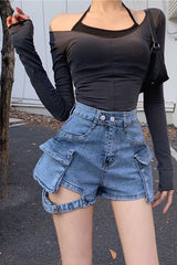 High Waist Cargo Pockets Denim Shorts