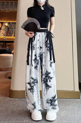 Long Black Flowers Mesh Chiffon Pants