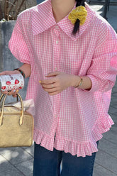 Vintage Plaid Pattern Ruffled Blouse Shirt