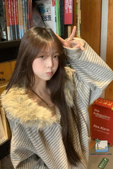 Long Sleeve Striped Faux Fur Style Hooded Sweatshirt