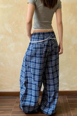 High Waist Blue Plaid Wide Leg Pants �Vintage Cozy Everyday Style