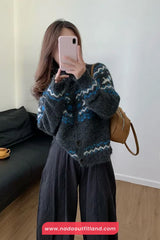Long Sleeve Retro Pattern Turtleneck Cardigan Sweater