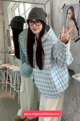Long Sleeve Blue Plaid Hooded Puffer Coat Jacket