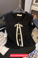 Sleeveless Heart Button Knitted Doll Collar Shirt