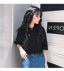Colorful Button Cute Irregular Solid Shirt