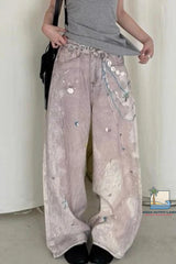 Loose Sea Theme Pattern Pink Denim Long Pants