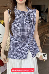 Sleeveless Vintage Plaid Elegant Bow Blouse Shirt