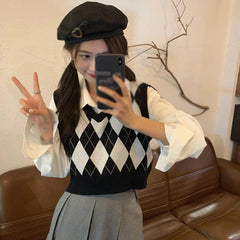 Retro Argyle Pattern Sleeveless Vest Sweater