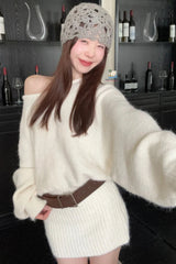 Long Sleeve Off Shoulder Knitted Belt Mini Dress