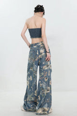 High Waist Floral Pattern Long Ripped Jeans Pants