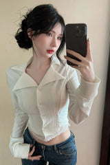 Lapel Collar Lace Patchwork Cropped Back Tie Shirt