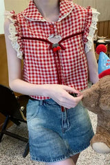 Sleeveless Plaid Pattern Cute Lace Shirt