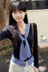 Long Sleeve Plaid Cute Bandage Slim Sweater