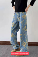 High Waist Retro Flowers Pattern Blues Denim Jeans Pants