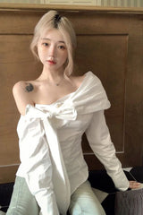 Long Sleeve Bow Bandage Sexy One Shoulder Blouse Shirt
