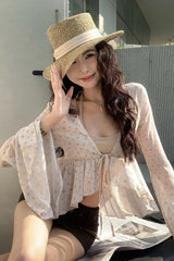 V-Neck Flare Sleeve Floral Pattern Cropped Blouse Shirt