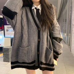 Loose Grey Striped Cardigan Sweater