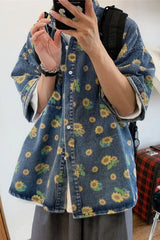 Short Sleeve Daisy Printed Denim Men Shirts