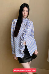 Long Sleeve Vintage Striped Ruffles Irregular Blouse Shirt