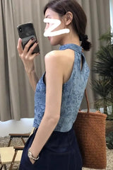 Sexy Floral Printed Halter Blue Crop Tops