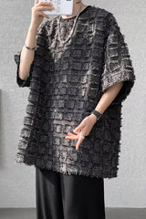 Loose Half Sleeve Ripped Plaid Pattern Men Shirt