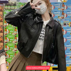 Long Sleeve Turn Down Collar Black Leather Cropped Jacket