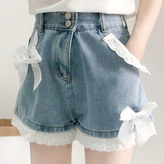 High Waist Cute Lace Bow Denim Shorts