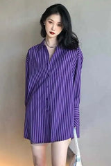 Long Sleeve Retro Purple Striped Casual Blouse Shirt