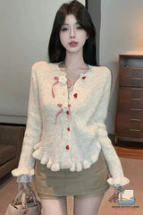 Long Sleeve Cute Bow Heart Button Cardigan Knitted Sweater