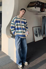 Long Sleeve Turn Down Collar Striped Sweater